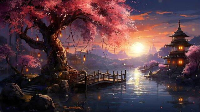 Luminous Spring Serenity: Lantern-Lit Pond Reflecting Sunset Beside Cherry Blossom Tree. 4K Looping Video Spring Background.