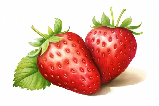 Generative AI : Hand drawn watercolor painting strawberry on white background.