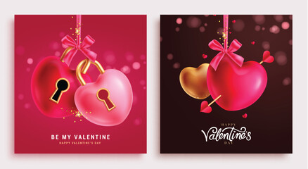 Fototapeta na wymiar Valentine's day greeting card vector poster set. Happy valentine's day gift tags collection with heart padlock love symbol elements. Vector illustration hearts day invitation card. 