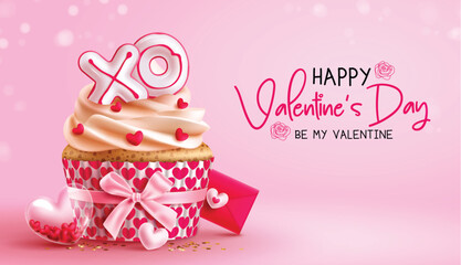 Happy valentine's day vector design. Valentine's day cupcake sweet dessert with heart and ribbon decoration for holiday season greeting card background. Vector illustration hearts day invitation card.