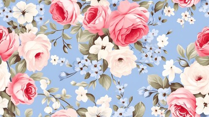 Generative AI : Shabby chic vintage roses, tulips and forget-me-nots vintage seamless pattern
