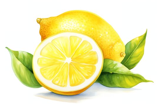 Generative AI : Hand drawn watercolor painting on white background. illustration of fruit lemon