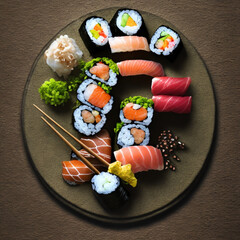 sushi on a plate with chopsticks generative ai