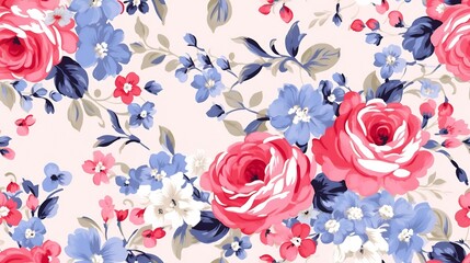Fototapeta premium Generative AI : Shabby chic vintage roses, tulips and forget-me-nots vintage seamless pattern