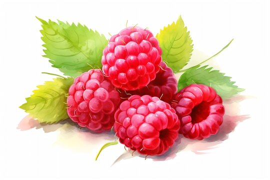 Generative AI : Hand drawn watercolor painting raspberry on white background.