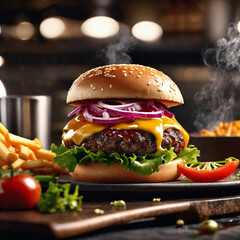 hamburger on a wooden table generative ai