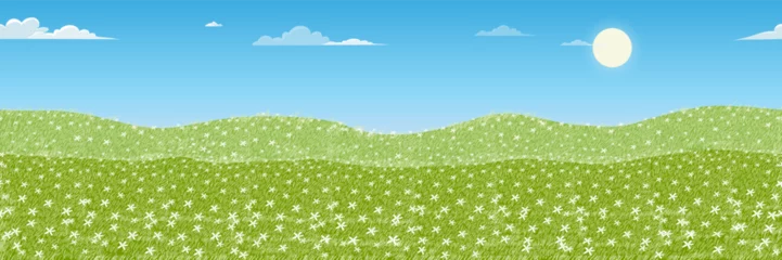 Fotobehang Sky Blue over Spring Landscape Farm Field,Seamless Pattern Wide Panorama Summer wild daisy flower field, green meadow on hill.Vector pattern cute cartoon for Easter banner © Anchalee