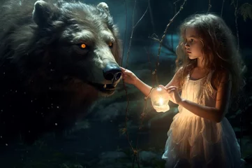 Fototapeten Mysterious little girl touching big wild bear. Fairy tale meeting of little kid and forest beast. Generate ai © nsit0108