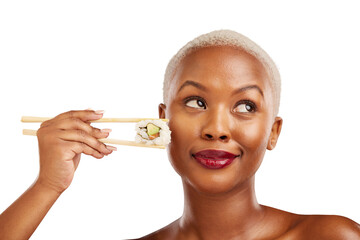 Black woman, thinking and sushi with chopsticks, food and happiness isolated on transparent background. African person, girl or model with Japanese cuisine, wellness or shine with glow, png or makeup