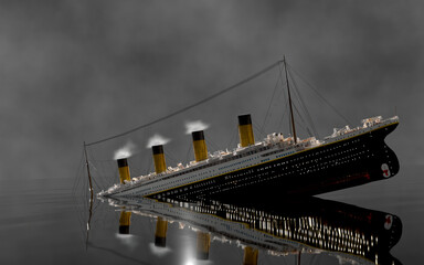 Sinking steamer steam boat at night 3D render image in HDR - obrazy, fototapety, plakaty