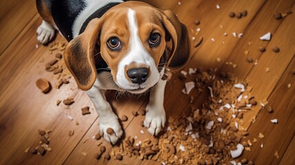 Junger Beagle schaut von unten hoch um sich herum liegt verstreut Trockenfutter  - obrazy, fototapety, plakaty