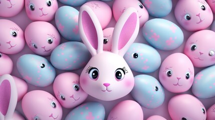 Top view close up Indigo easter eggs with pink bunnies 3D , clay, cartoon art white soft blue background, superrealism, ultra realistic, hyper realistic, ultra detailed rendering background