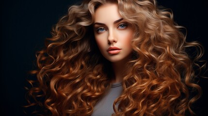 Fototapeta premium Beauty with long, lustrous wavy hair Shatush and balayash, as well as hair coloring and toning Beautiful curly-haired woman model.