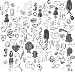 Hand drawn simple elements set. Sketch underlines, icons, emphasis, Hand drawn like kids Mother life pattern design for print including different elements of love and baby flower and kids