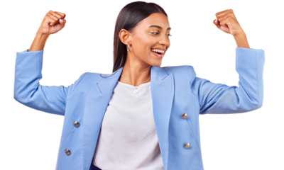 Flex, success and happy as business woman for pride career, professional and champion. Empowerment, power and strong with person in celebration achievement and isolated on transparent png background