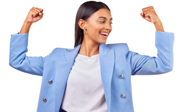 Flex, success and happy as business woman for pride career, professional and champion. Empowerment, power and strong with person in celebration achievement and isolated on transparent png background