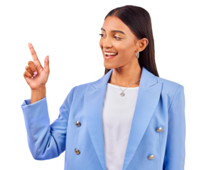 Pointing up, fashion or happy woman by sale, discount deal or retail offer isolated on png transparent background. Smile, advertising or excited designer with hand gesture, news or menu promotion