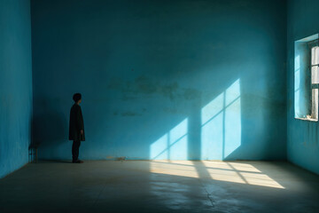 A lonely man stands facing the wall in an empty room. Blue wall with shadows. Concept of human loneliness, social problems. Generative AI - obrazy, fototapety, plakaty