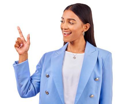 Pointing up, fashion or happy woman by sale, discount deal or retail offer isolated on png transparent background. Smile, advertising or excited designer with hand gesture, news or menu promotion