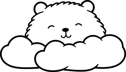 Cute little bear sleeping on cloud silhouette icon in black color. Vector template.