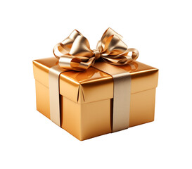 Golden gift box with bow isolated on white background.