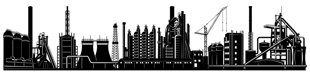 Industrial Landscape, Skyline. Panoramic Silhouette, Banner. Vector background clipart isolated on white.