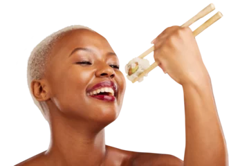 Rolgordijnen Face, eating and woman with chopsticks for sushi, healthy food and beauty glow. Black person, model or makeup for wellness on fish diet, seafood nutrition or isolated on transparent png background © Harsh/peopleimages.com