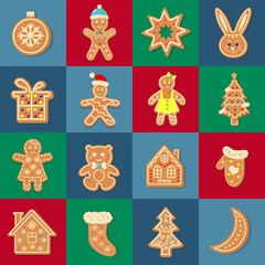 Seamless square pattern with Christmas gingerbread cookies. Geometric checkered print for wrapping paper, background, wallpaper, posters.