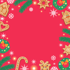 Red background with snowflakes, gingerbreads, fir twigs and wreath. Festive Xmas design. Empty space for your text. Template for cards, banner, poster.