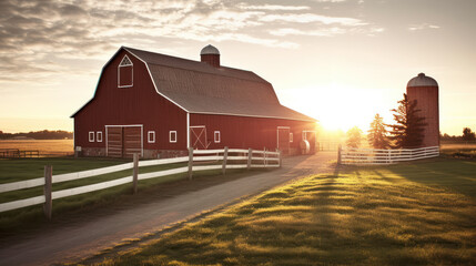 Sunrise Over Classic Red Farmhouse and Silo
