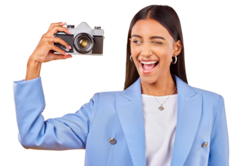 Camera, photography and woman picture with a smile and wink on isolated transparent png background. Happy, young female person and creative for memory, funny emoji and face with photographer skill