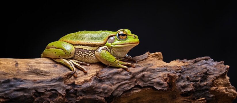 A frog Litoria caerulea perched on a arid log