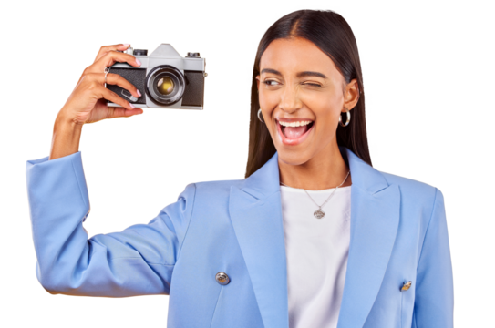 Camera, photography and woman picture with a smile and wink on isolated transparent png background. Happy, young female person and creative for memory, funny emoji and face with photographer skill