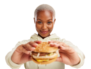 Portrait, burger and black woman with fast food offer on isolated, transparent or png background. Brunch, deal and face of African lady model with restaurant, promotion or hamburger, diet or giveaway