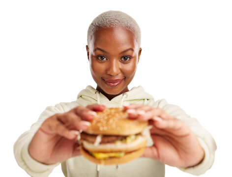 Portrait, burger and black woman with fast food offer on isolated, transparent or png background. Brunch, deal and face of African lady model with restaurant, promotion or hamburger, diet or giveaway
