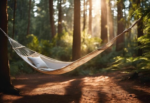 AI illustration of a hammock suspended between two tall pine trees in a sun-drenched forest.