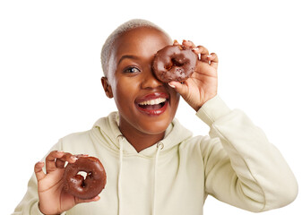 Portrait, chocolate and donut with black woman for candy, dessert and unhealthy eating. Smile, food...