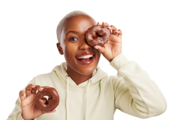 Portrait, chocolate and donut with black woman for candy, dessert and unhealthy eating. Smile, food and face of young model for baking cake or sweet pastry and isolated on transparent png background