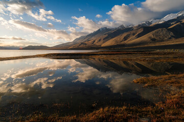 super view of panggong lake, in Ladakh, India. Panggong Lake is well known as the shooting point if...