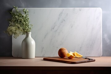 A cutting board with an orange on it next to a vase. Generative AI.