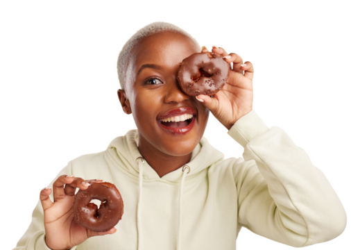 Portrait, chocolate and donut with black woman for candy, dessert and unhealthy eating. Smile, food and face of young model for baking cake or sweet pastry and isolated on transparent png background