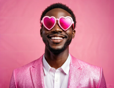 happy african man wearing heart symbol shaped glasses