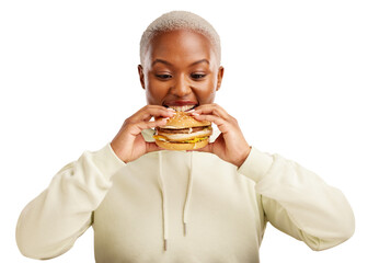 Burger, bite and black woman with fast food meal on isolated, transparent or png background....