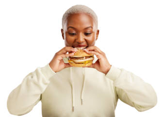 Burger, bite and black woman with fast food meal on isolated, transparent or png background. Brunch, deal and face of African lady model with restaurant, promotion or hamburger, smile or giveaway