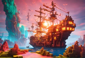 Space Ship Lands Into Blocky World. Mind-blowing Blocky cubes textures. Generative AI