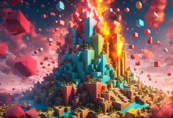 Rolgordijnen Exploding Minecraft voxels surface world. Minecraft colorful blocks. Mind-blowing Minecraft textures and cubes. Exploding cubes. Minecraft world. Generative AI © Janis
