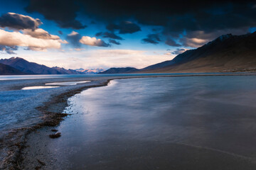 super view of panggong lake, in Ladakh, India. Panggong Lake is well known as the shooting point if 3 idiots bollywood movies. The lake is magical because its turqoise water. 