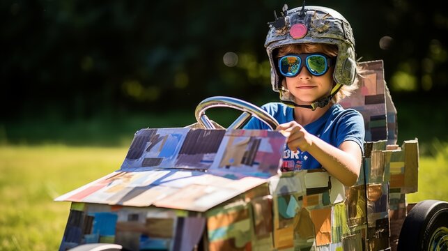 Junge f&auml;hrt in einem selbstgebauten Seifenkisten-Fahrzeug