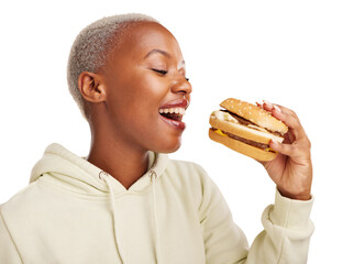 Hamburger, bite and black woman with fast food meal on isolated, transparent or png background....