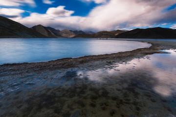 super view of panggong lake, in Ladakh, India. Panggong Lake is well known as the shooting point if 3 idiots bollywood movies. The lake is magical because its turqoise water. 